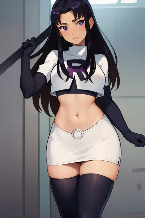 (masterpiece, best quality:1.2), blackfire, 1girl, solo, breasts, dark skin, team rocket,team rocket uniform,white skirt,red letter R,crop top,black thigh-highs,black elbow gloves