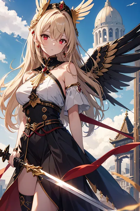 4K,High resolution,one woman,cream hair,short long hair,dark red eyes,Valkyrie,black holy armor,Jewelry Decoration,gold decoration,winged hat,Holy sword,Temple in the Sky,daytime sky