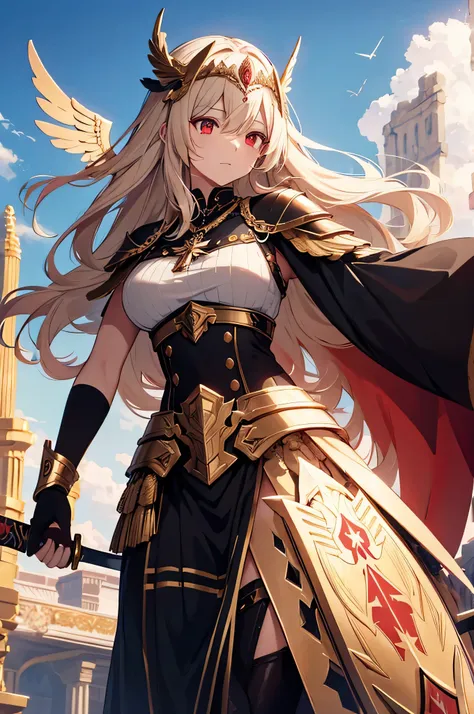 4K,High resolution,one woman,cream hair,short long hair,dark red eyes,Valkyrie,black holy armor,Jewelry Decoration,gold decoration,winged hat,Holy sword,Temple in the Sky,daytime sky