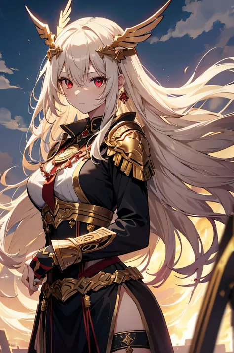 4K,High resolution,one woman,cream hair,short long hair,dark red eyes,Valkyrie,black holy armor,Jewelry Decoration,gold decoration,winged hat,Temple in the Sky,daytime sky