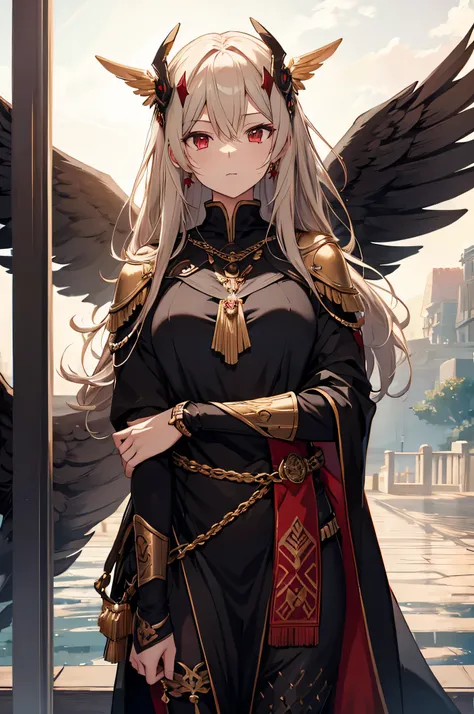 4K,High resolution,one woman,cream hair,short long hair,dark red eyes,Valkyrie,black holy armor,black cloak,Jewelry Decoration,gold decoration,winged hat,Temple in the Sky,daytime sky