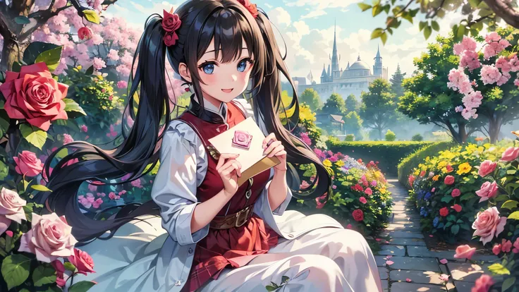 light blue long hair、Beautiful girl with twin tails、Lots of roses、Holding a pencil and writing a letter in the rose garden、many orchid flowers、Cute squirrel(Some photos)、adorable smile、hyper hd，master piece，high details，high quality，best quality，High resol...