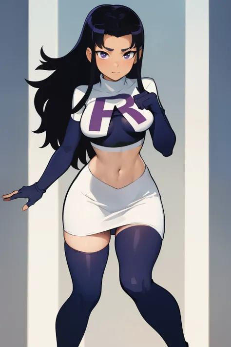 (masterpiece, best quality:1.2), blackfire, 1girl, solo, breasts, dark skin, team rocket,team rocket uniform,white skirt,red letter R,crop top,black thigh-highs,black elbow gloves