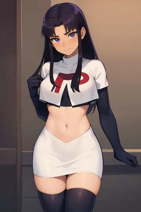 (masterpiece, best quality:1.2), blackfire, 1girl, solo, breasts, dark skin, team rocket,team rocket uniform,white skirt,red letter R,crop top,black thigh-highs,black elbow gloves