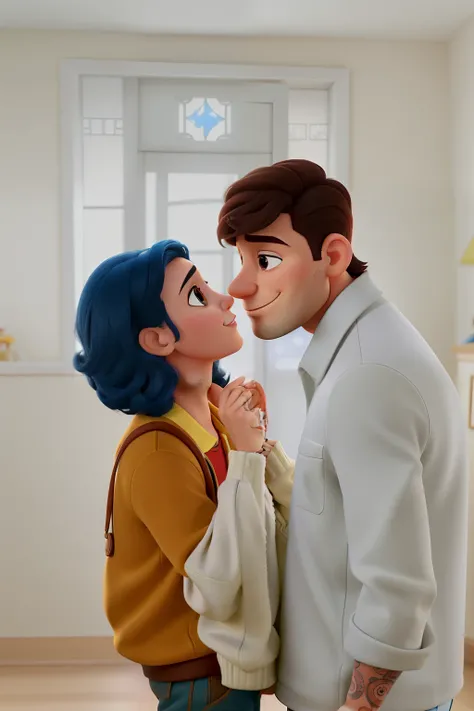 Casal (homem moreno e mulher branca) no estilo Disney Pixar, alta qualidade, melhor qualidade.