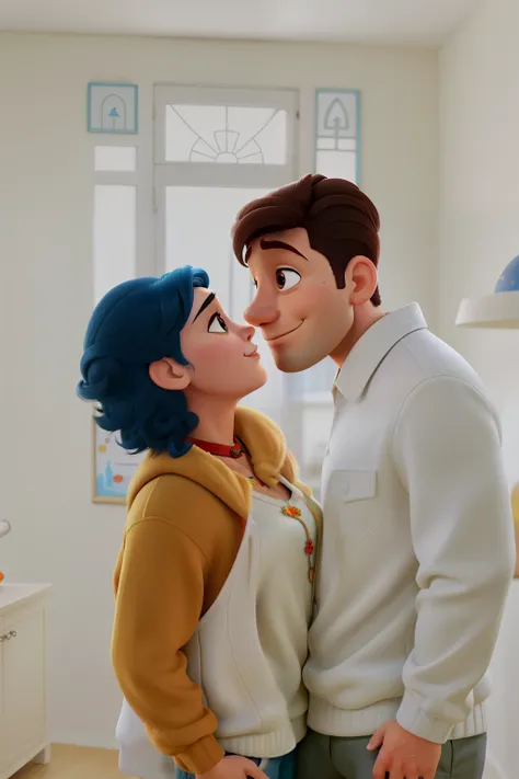 Casal (homem moreno e mulher branca) no estilo Disney Pixar, alta qualidade, melhor qualidade.