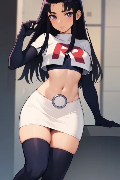 (masterpiece, best quality:1.2), blackfire, 1girl, solo, breasts, dark skin, team rocket,team rocket uniform,white skirt,red letter R,crop top,black thigh-highs,black elbow gloves