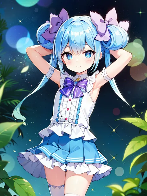 best quality, (masterpiece:1.2), highly detailed, (masterpiece), (illustration),
closed mouth, solo, cowboy shot, night sky, forest, {arms behind head}, contrapposto, shy smile, blue eyes, spread armpits, white shirt, pink miniskirt, frills, pink bow,
solo...