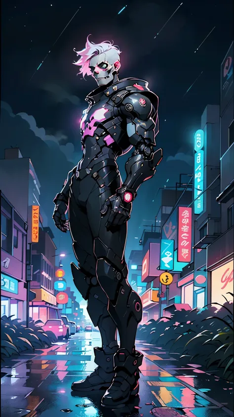 Robot Skull, armored, stealth, Character design, Highly detailed, Intricate details,Mechanical wonder, Cyberpunk, Cybernetic Guardian,male form,skull head,

(dynamic pose:1.0),solo focus,(centered,scale to fit dimensions,Rule of thirds),

cyberpunk city by...