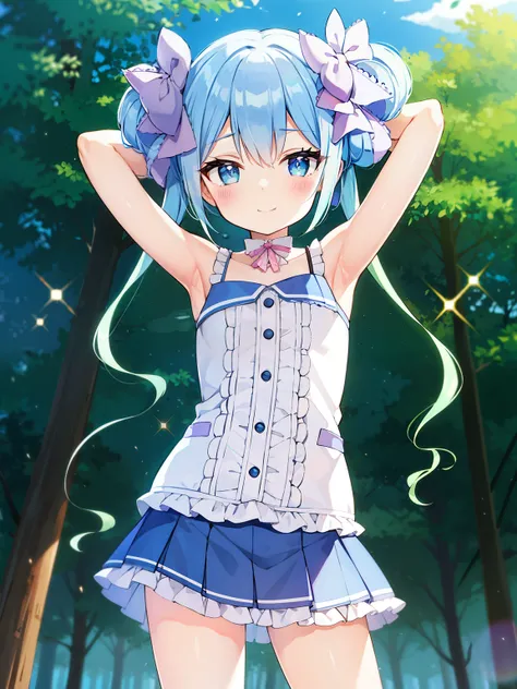best quality, (masterpiece:1.2), highly detailed, (masterpiece), (illustration),
closed mouth, solo, cowboy shot, night sky, forest, {arms behind head}, contrapposto, shy smile, blue eyes, spread armpits, white shirt, pink miniskirt, frills, pink bow,
solo...