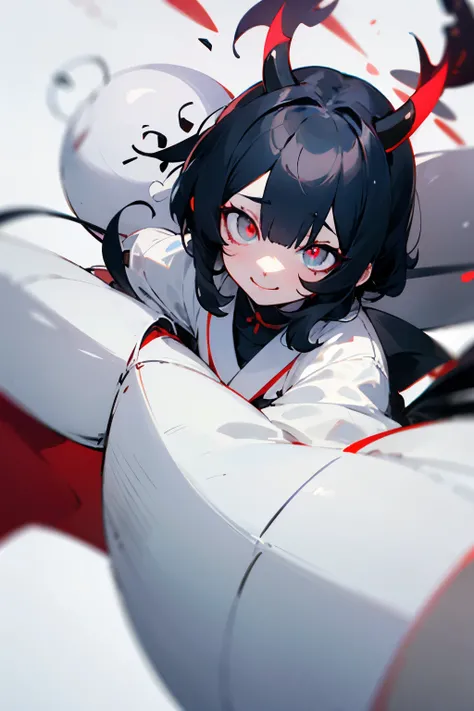 black hair，Drooping eyes，Marume，cute，White base，1 person，devil，A dangerous smile，Eye color is white