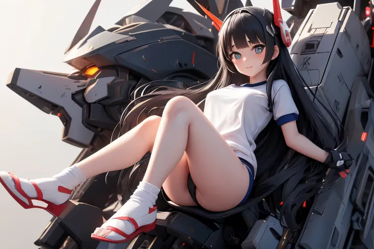 (highest quality)), ((masterpiece)), (very detailed: 1.3), 3D, {(1 young girl)}, (wear navy buruma and white gym uniform with colored hem under armor:1.3), (black hair:1.5), (She is fused with futuristic Gundam mecha:1.3), with headgear, with v-fin , armor...