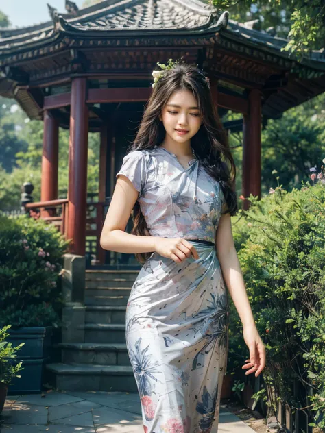 A young, beautiful girl walking gracefully near a picturesque pagoda surrounded by vibrant flower bushes. The scene is bathed in soft, golden sunlight, creating a serene and enchanting atmosphere. The girl is wearing a flowing dress that accentuates her cu...