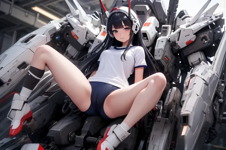 (highest quality)), ((masterpiece)), (very detailed: 1.3), 3D, {(1 young girl)}, (wear navy buruma and white gym uniform with colored hem under armor:1.3), (black hair:1.5), (She is fused with futuristic Gundam mecha:1.3), with headgear, with v-fin , armor...