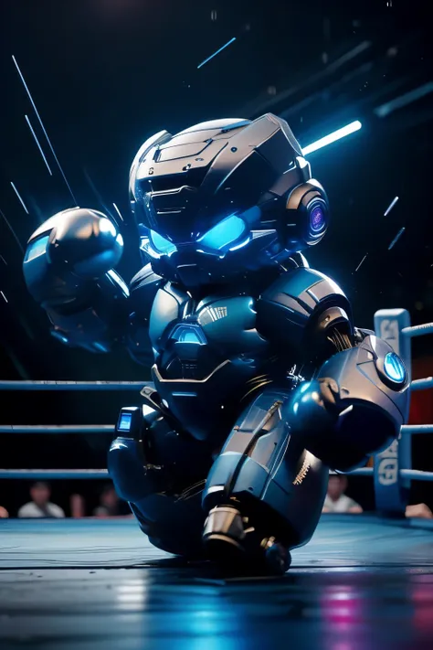 Boxing robot fighter blue neon lights throwing rain of punches in ring