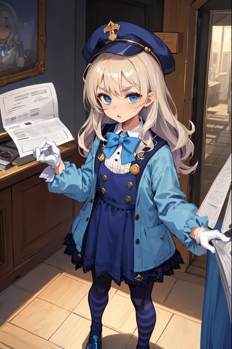 Original character, volumetric lighting, best shadows, 1 short girl, blue eyes, short blond wavy hair at the end with a quilt on the left of the head, small blue hat with badge on the front, short blue dress with purple bow tie, lace white, white fold-over...