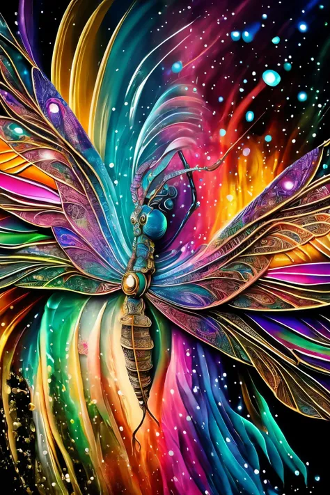 In a surreal world filled with enchantment, a dragonfly with iridescent wings flutters across the scene, capturing the attention of a whole body figure in an ethereal style. His eyes, hyperdetailed and mesmerizing, glow with an inner radiance, reflecting t...