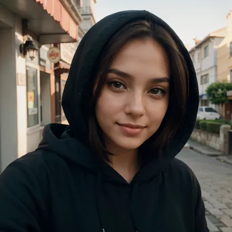 selfie em close-up, mulher jovem, 22 anos de idade, muito bonito, short brown hair down to the neck, lindo nariz, She is smiling, lips curved upwards, olhos verdes escuros, olhar penetrante, Maquiagem atraente, pele realista, influenciador, She is wearing ...