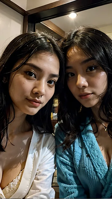 2 beautiful Hong Kong sisters together in small hotel, small room, closeup selfie from below, long black hair, large cotton bathrobe, beautiful face, beautiful body, slim, night, low contrast 