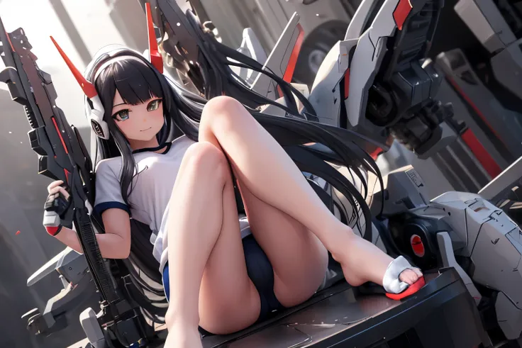 (highest quality)), ((masterpiece)), (very detailed: 1.3), 3D, {(1 young girl)}, (wear navy buruma and white gym uniform with colored hem under armor:1.3), (black hair:1.5), (She is fused with futuristic Gundam mecha:1.3), with headgear, with v-fin , armor...