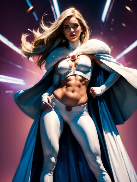 Cinematic. (((A comic style, cartoon art))). Emma Frost Posing for photo (((in epic heroic pose))) , wearing his iconic X-Men uniform, Showing the belly,  , ((Wearing white pants and cape)) . (((Hot Body, camel toes))). ((((Abstract Comic background )))) ,...