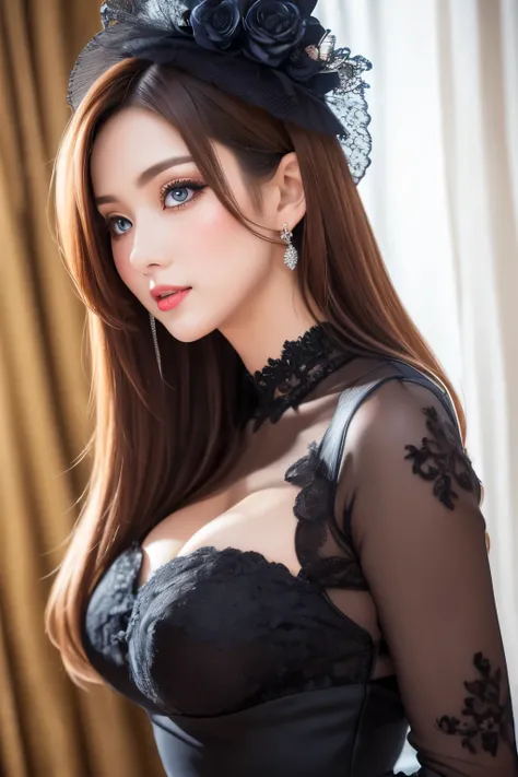 (from below:1.1), best quality, 32k, RAW photo, incredibly absurdres, extremely detailed, delicate texture, beautiful lady, a cold gaze that looked down on me, (wearing black elegant formal long dress, black lace robe, black elegant formal big hat), amorou...