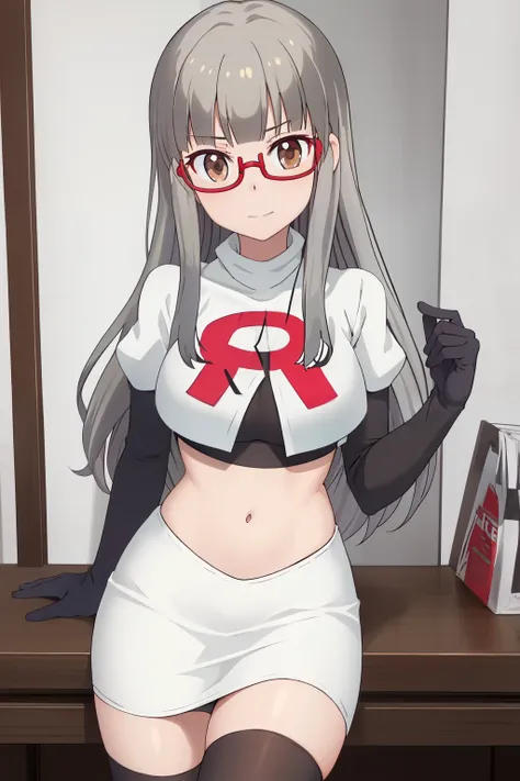 best quality, masterpiece, highres, solo, {hazuki_shizuku_newgame:1.15}, glasses, long_hair, red-framed_eyewear, grey_hair, bang...