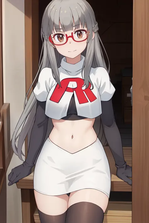 best quality, masterpiece, highres, solo, {hazuki_shizuku_newgame:1.15}, glasses, long_hair, red-framed_eyewear, grey_hair, bang...