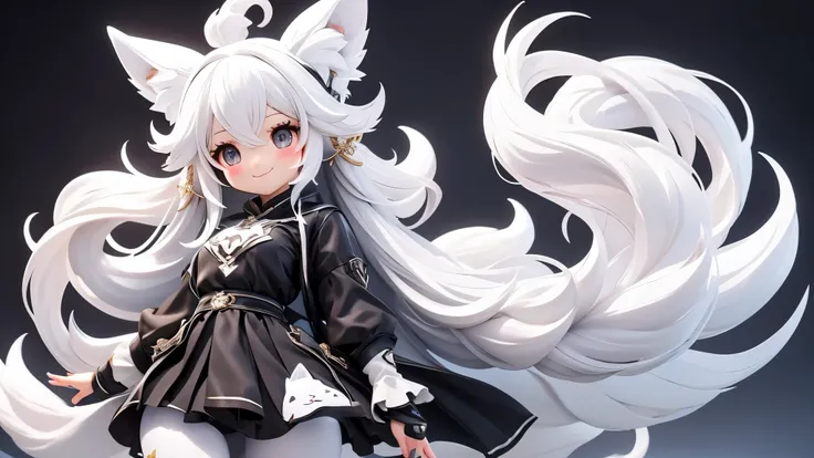 A girl with impressive white hair、Fox ears and tail、Hair Ornament、Black pantyhose、No sleeve、smile、cute shoes with accessories