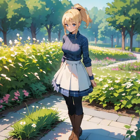 (high quality, high resolution, Super detailed, Reality:1.37), peaceful atmosphere, (outdoor, garden), Teenage girl standing alone, (My breasts are big.), Beautiful detailed features, cute smile, (Blonde ponytail), ribbed sweater, blue plaid skirt, Black t...