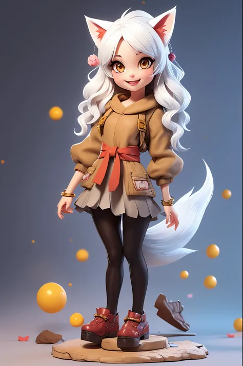 A girl with impressive white hair、Fox ears and tail、Hair Ornament、Black pantyhose、No sleeve、smile、cute shoes with accessories