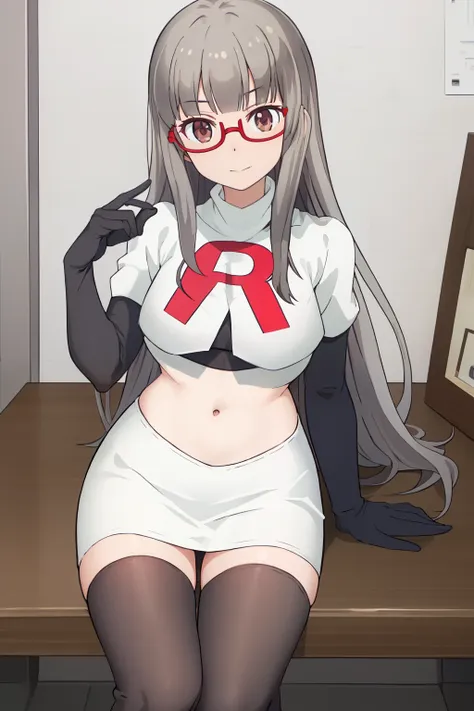 best quality, masterpiece, highres, solo, {hazuki_shizuku_newgame:1.15}, glasses, long_hair, red-framed_eyewear, grey_hair, bang...