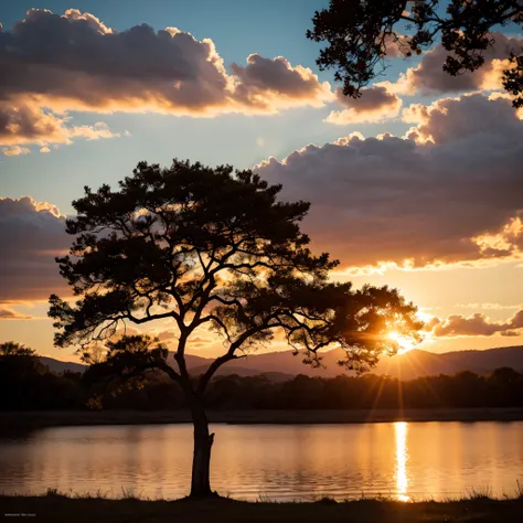 beautiful sunset with the silhouette of a tree, In the evening, cores quentes, Luz, luz do sol, muito detalhado, muito afiado, fotografia, Enquadramento de cena, cinematic depth of field effect, film noir genre, 8k resolution , alta qualidade, Ultra detalh...