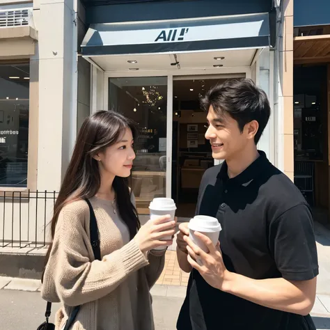 handsome man,beautiful woman,drinking coffee,There is an AI ORG sign in front of the store.