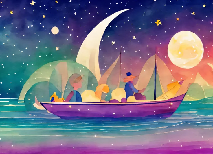 boat sailing by candlelight in the universe, lua ao fundo, outer space, Cores lindas, estrelas, 8k, muito afiado, detalhes, estilo aquarela