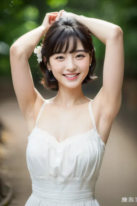 ((best image quality, 8K, T Masterpiece:1.3)), 1 girl,Japan female in her 30s。1 photo、Bob Hairstyles、smile、Clean face line、Extra large，the skin is very white、(show armpits)、dress、thin waist、arms up、dark background、wide shot