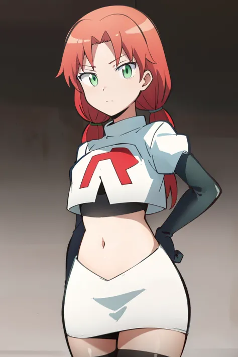 masterpiece, highres, ultra high res, best quality,  RinkaHayamiR4, red hair, green eyes, simple background, team rocket,team rocket uniform,white skirt,red letter R,crop top,black thigh-highs,black elbow gloves