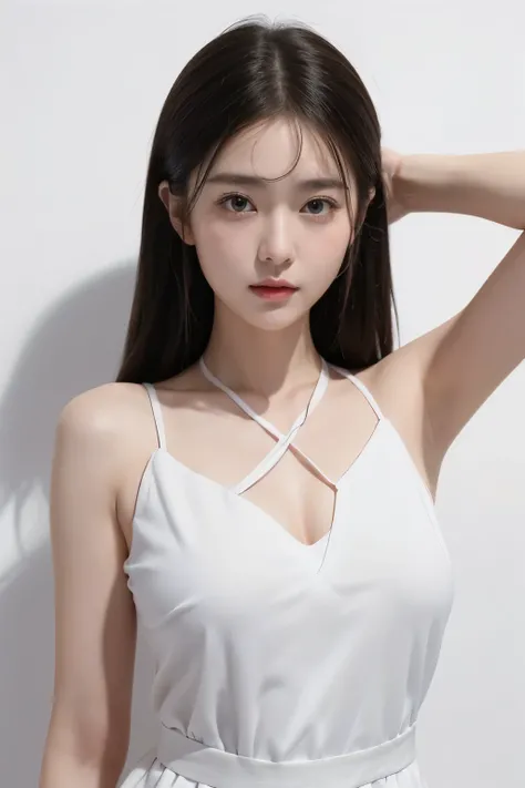 ((best image quality, 8K, T Masterpiece:1.3)), 1 girl,Japan woman in her 20s。1 photo。big eyes、double、cute、tying hair、Clean face line、Elegant impression、Extra large，the skin is very white、show armpits、Sleeveless dresses、white background