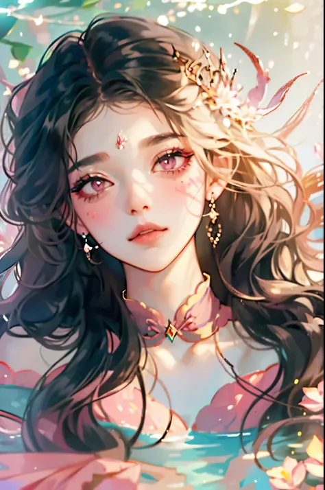 a woman，Black wavy hair and pink eyes, blush, eye shadow, cute face，long hair,Flowers in the hair, ethereal beauty,Upper body close-up，Look head-on at the audience，lying in water((beautiful fantasy queen))
