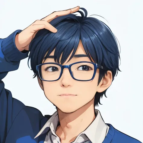 master piece、mascot character、comics、Two colors: blue and white、1 male、40 years old、Uncle Ike、Face facing diagonally、wore glasses、Hairstyle Two Blocks、Big eyes、cardigan and shirt、soft smile、(Inspiration、Point your index finger up、light bulb above head)