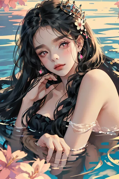 a woman，Black wavy hair and pink eyes, blush, eye shadow, cute face，long hair,Flowers in the hair, ethereal beauty,Upper body close-up，Look head-on at the audience，lying in water((beautiful fantasy queen))