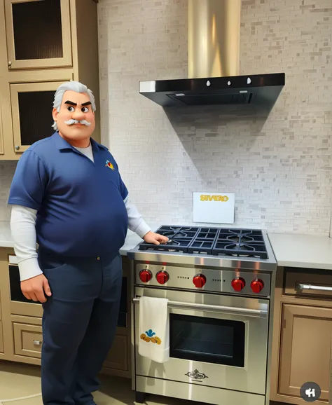 Um homem de cabelo branco bigode branco barrigudo e papudo estilo disney pixar, alta qualidade, best quality showing the high quality stove 