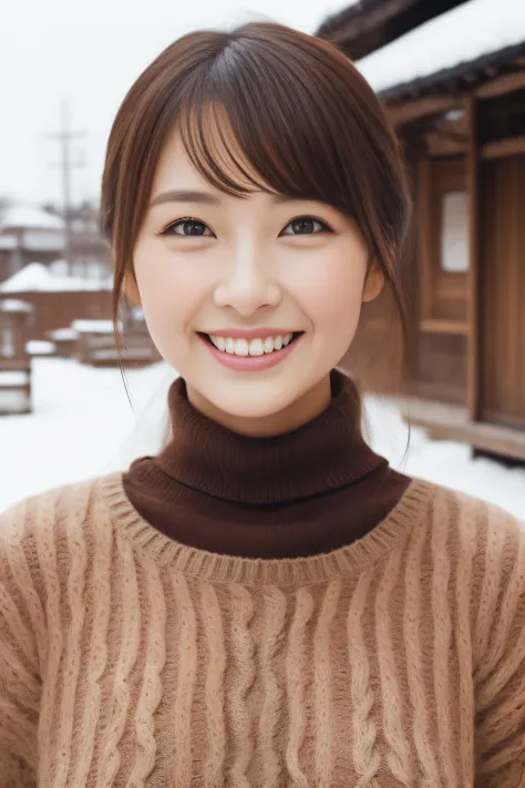 Hostess Face、turtleneck wool sweater、high quality、surreal、healthy、smile、Perfect slender figure、beauty of japan、 perfect eyes、beautiful skin、Upper body、Snow Town