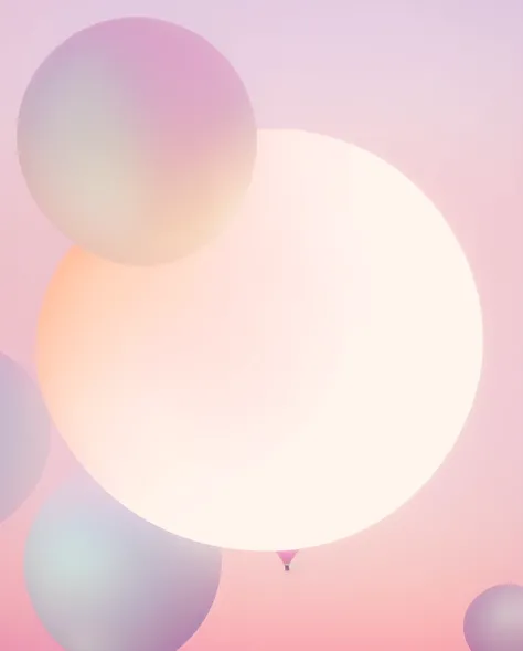 There are many balloons flying in the sky, Pink soft light 4K, Gradient soft light, Soft shape, round background, pink sun, soft sunshine, translucent sphere, soft numbers, background artwork, soft organic abstraction, background art, Soft volumetric light...