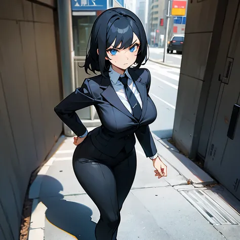 1female , Black Hair , Blue Eyes , Black Suit and Tie , Adult Female , Curvy , Standing on sidewalk , Serious Expression , Tall 