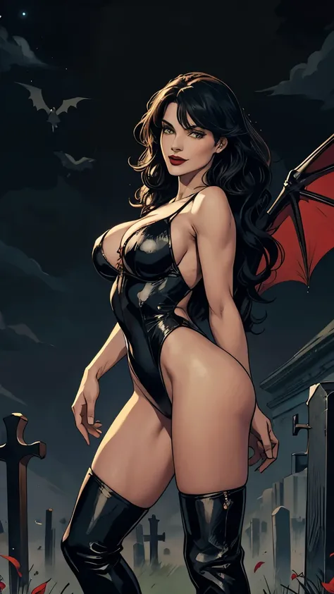 woman, white skin, green eyes, black hair, wavy hair, straight hair, bangs, long hair, windy hair, cemetery at night, blood in the mouth, black jumpsuit, red boots, with big bat wings on her back, horror, great cleavage, Deep nipples, smiling, looking at t...