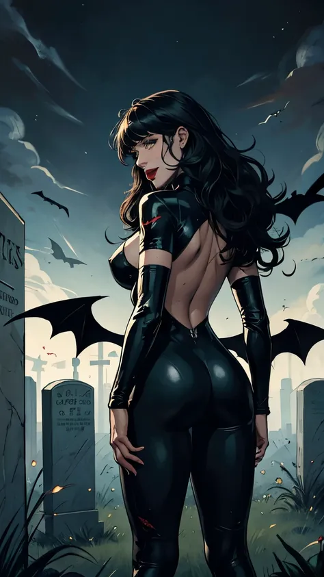 woman, white skin, green eyes, black hair, wavy hair, straight hair, bangs, long hair, windy hair, cemetery at night, blood in the mouth, black jumpsuit, red boots, with big bat wings on her back, horror, great cleavage, Deep nipples, smiling, looking at t...