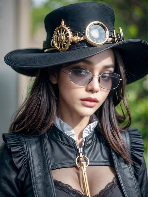 close up, beautiful woman in the hat and round steel gear, sunglasses, short mustache, victorian era, ((steampunk)), cinematography, crafted, elegant, meticulous, magnificent, maximum details, extremely hyper aesthetic, intricately detailed, Hippie Glasses...