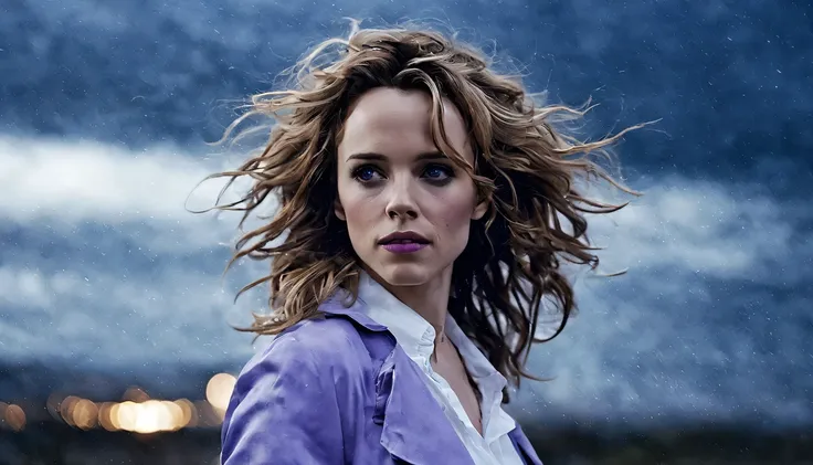 uma jovem garota (rachel mcadams), zenistu, de corpo inteiro e com roupas roxas e brancas, purple and white lightning, cabelos b...