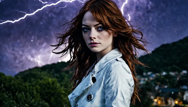 uma jovem garota de corpo inteiro (emma stone), zenistu, e com roupas roxas e brancas, purple and white lightning, cabelos branc...